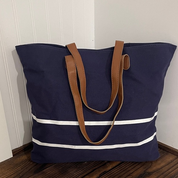 White House Black Market Navy and White Striped Tote Bag with Tan Handles - Picture 1 of 6